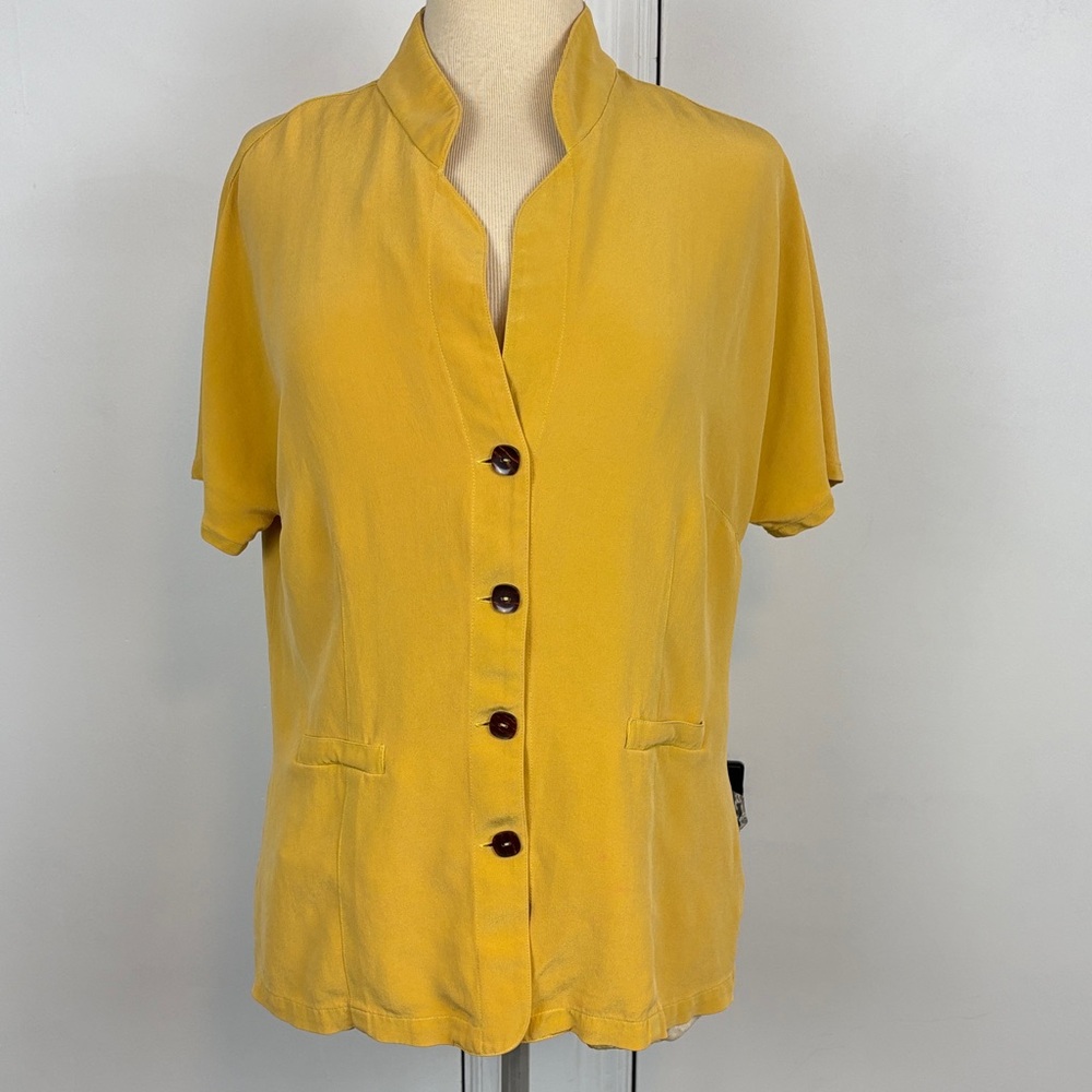 Vintage Elegant Mustard silk Button-Down short sleeve Shirt for Women 14